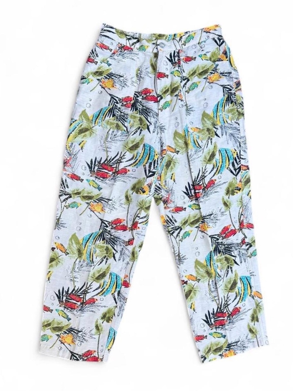 Vintage Chico’s Design Tripical Fish Print Linen Blend Straight Leg Crop Pants 0